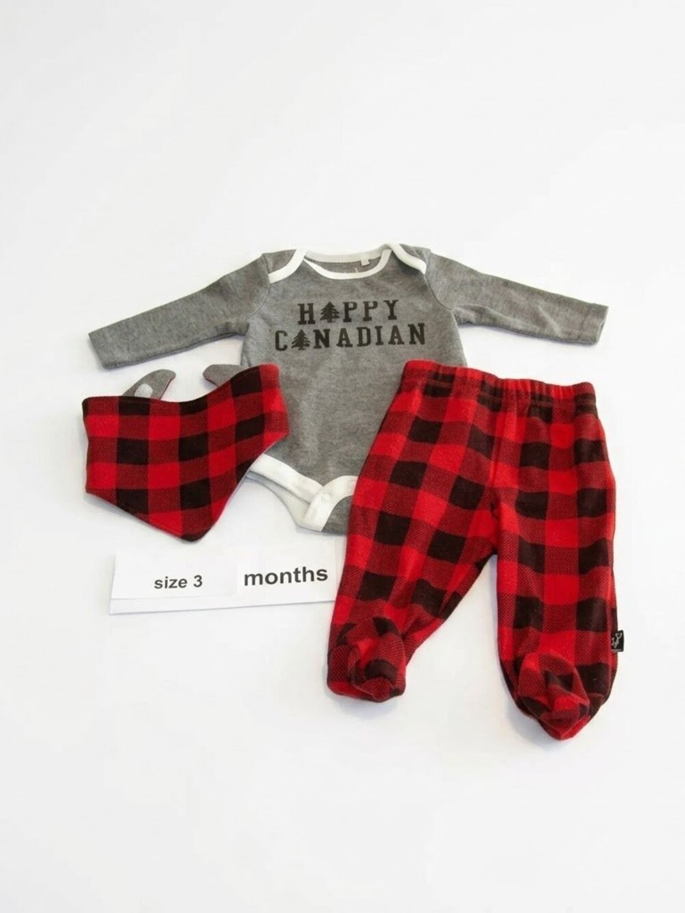 Happy Canadian Baby Unisex outfit top, pant, bib size 3 months